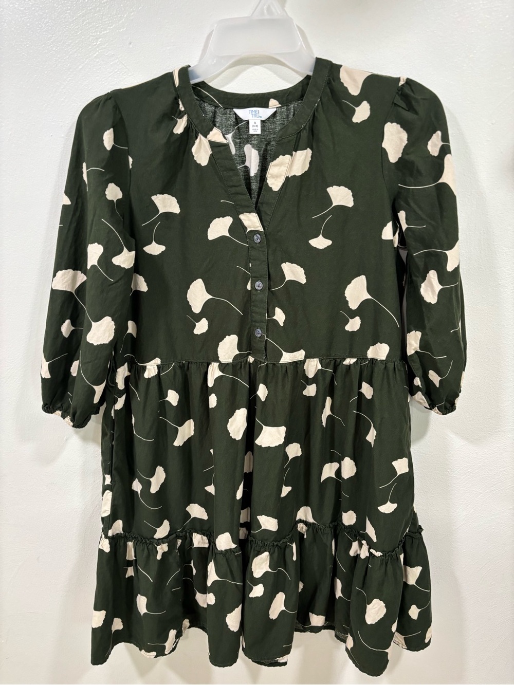 Time and Tru Green Boho Baby Doll Dress with Cream Gingko Leaf Print Size S